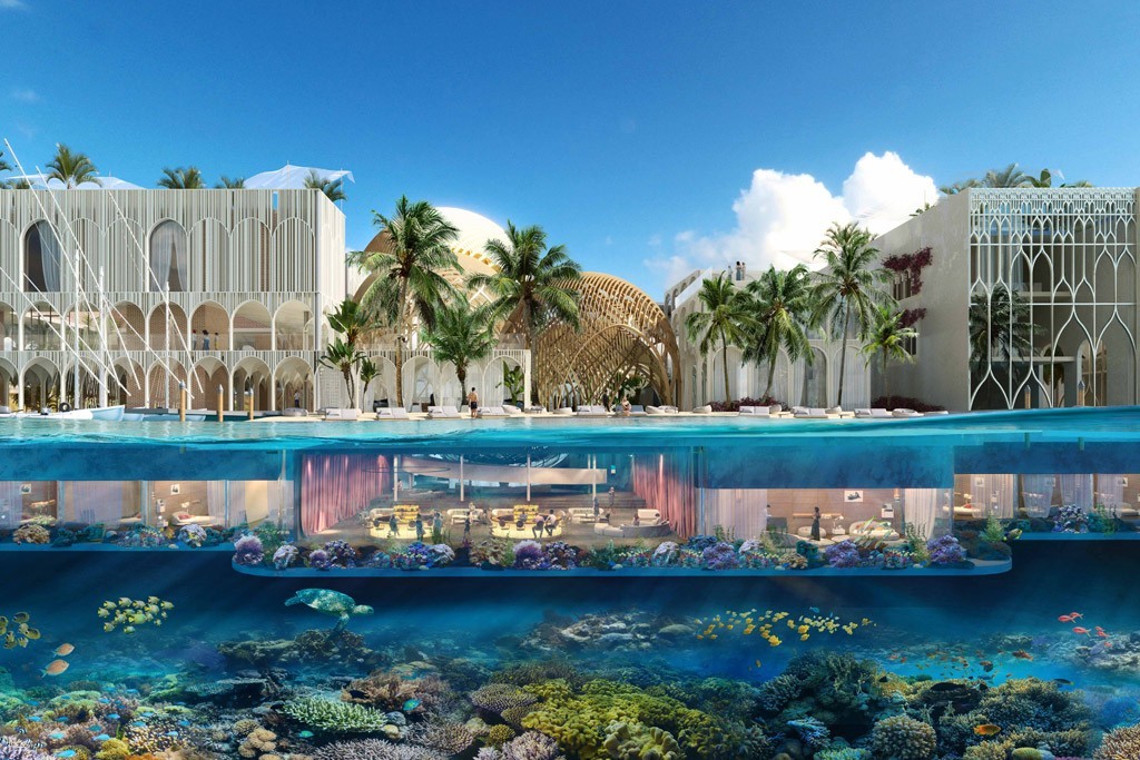 Luxury underwater suite at The Floating Lido with vibrant marine life.