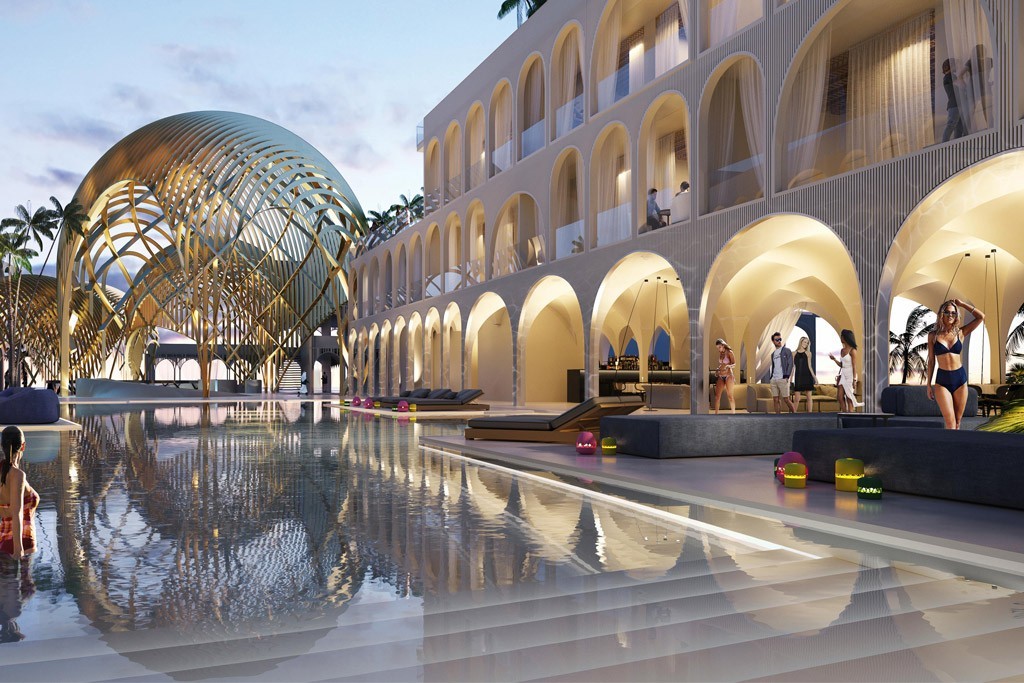 Venetian-style indoor piazza at The Floating Lido resort.