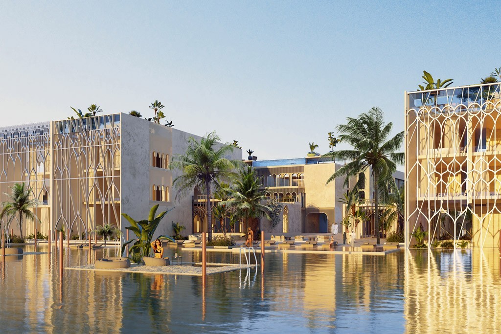 Overwater villas with private terraces at The Floating Lido