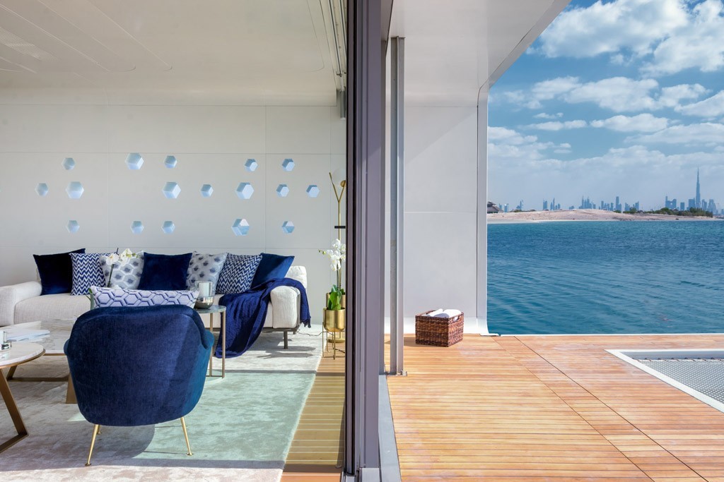Floating villa balcony with panoramic Heart of Europe and Dubai skyline views