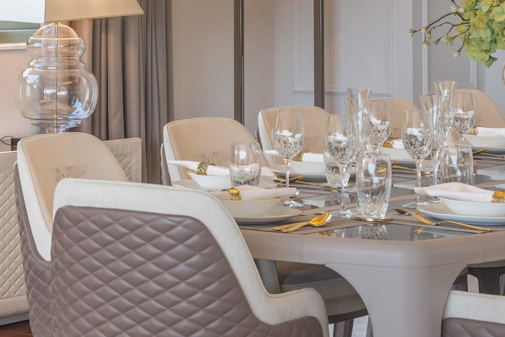 Elegant dining area inside Sweden Villa Dubai with sea views, Scandinavian style