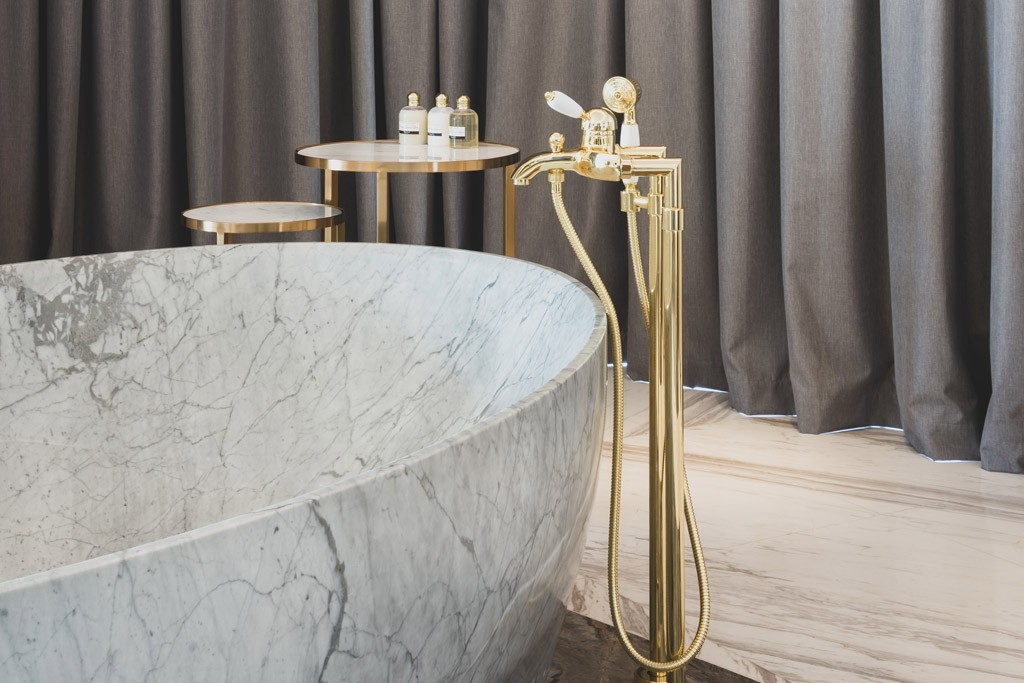 Marble luxury bathroom with gold fixtures, Sweden Villa Dubai, opulent amenities