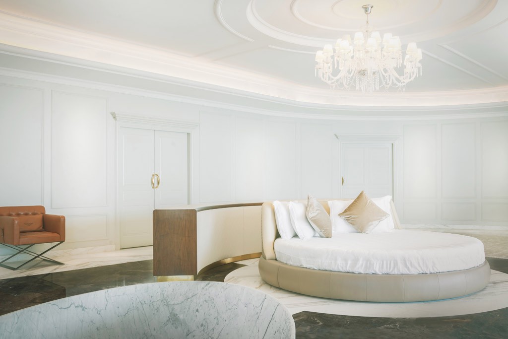 Spacious white bedroom with round bed, Sweden Villa Dubai, exclusive retreat