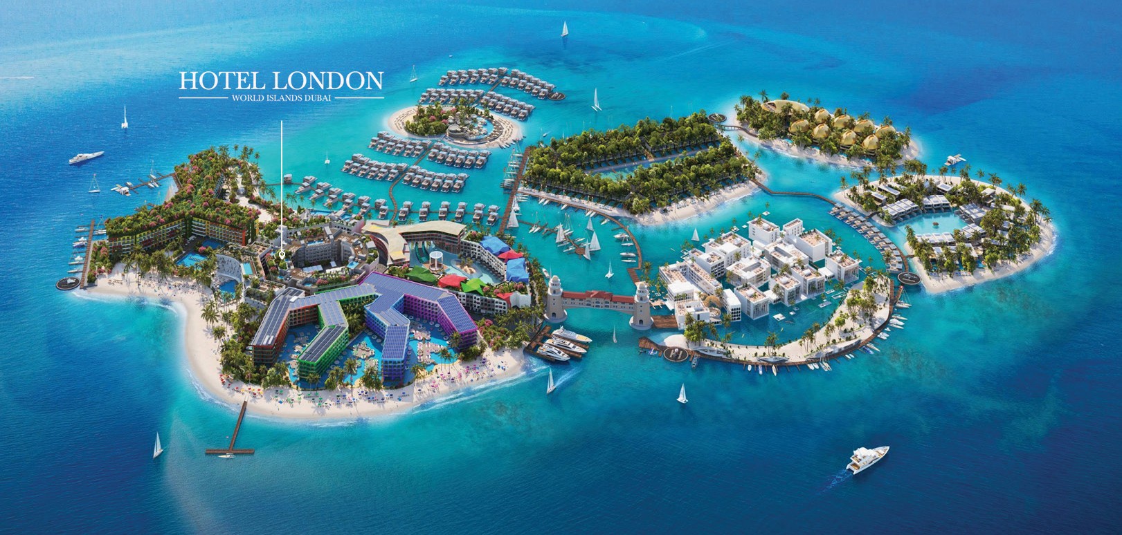 Aerial view of Hotel London on The Heart of Europe Dubai World Islands, surrounded by luxury beachfront resorts and turquoise waters.
