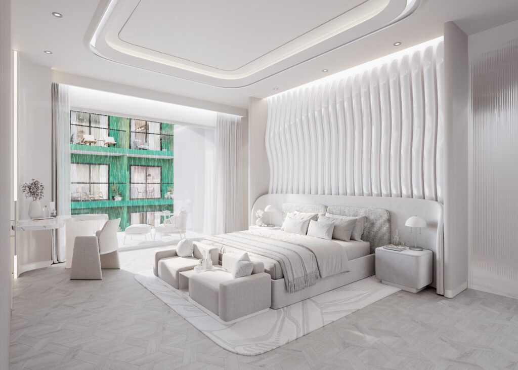 Luxury suite at The Heart of Europe Dubai with contemporary design, private balcony, and exclusive resort amenities.