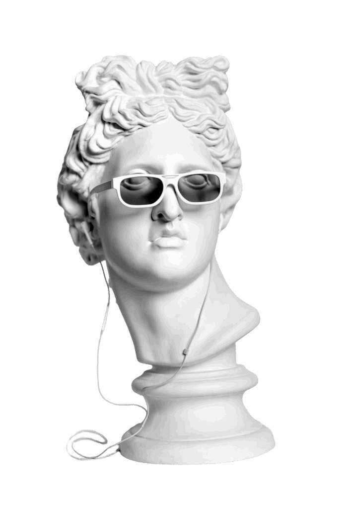 Classical marble sculpture with earphones, representing innovative art installations at The Heart of Europe Dubai.