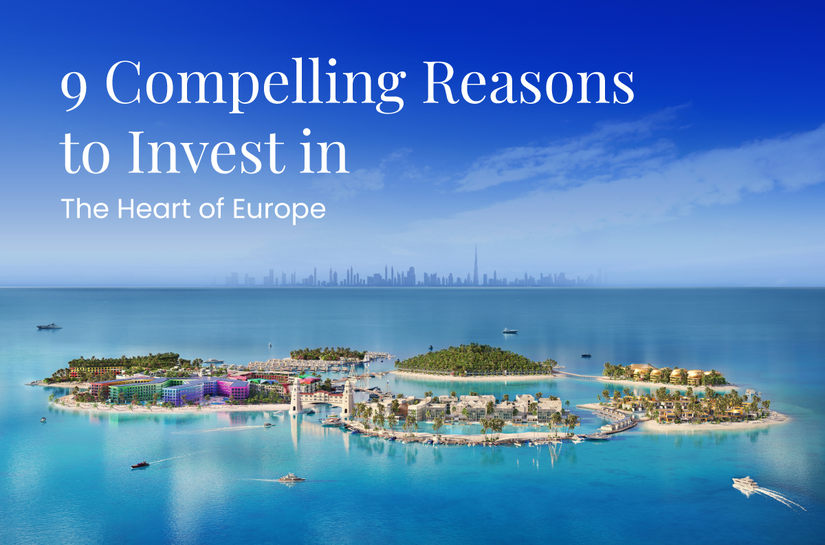 Aerial view of The Heart of Europe islands in Dubai, with luxury resorts and villas surrounded by blue waters and Dubai skyline in the background.