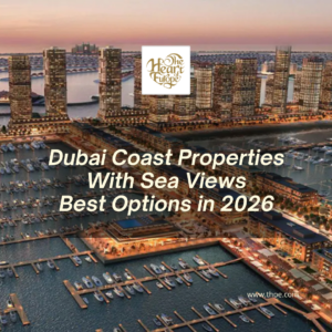 Aerial view of Dubai coastline with sea-view residential towers along the Palm Jumeirah crescent