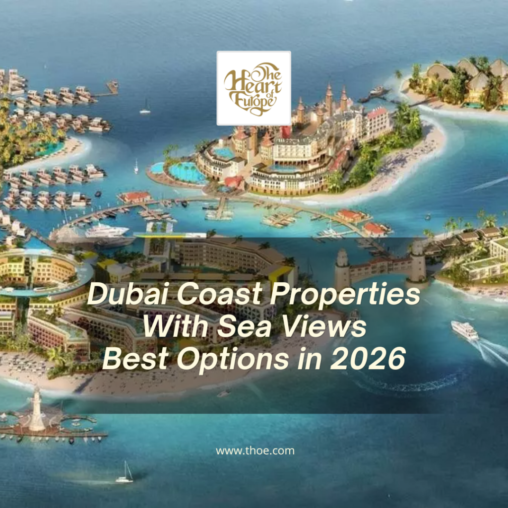 Aerial view of The World Islands Dubai showing the 300-island archipelago shaped like a world map, located 4-6km off the Dubai coast in 2026