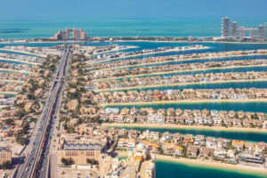 Palm Jumeirah frond villas with private beach access and Arabian Gulf sea views
