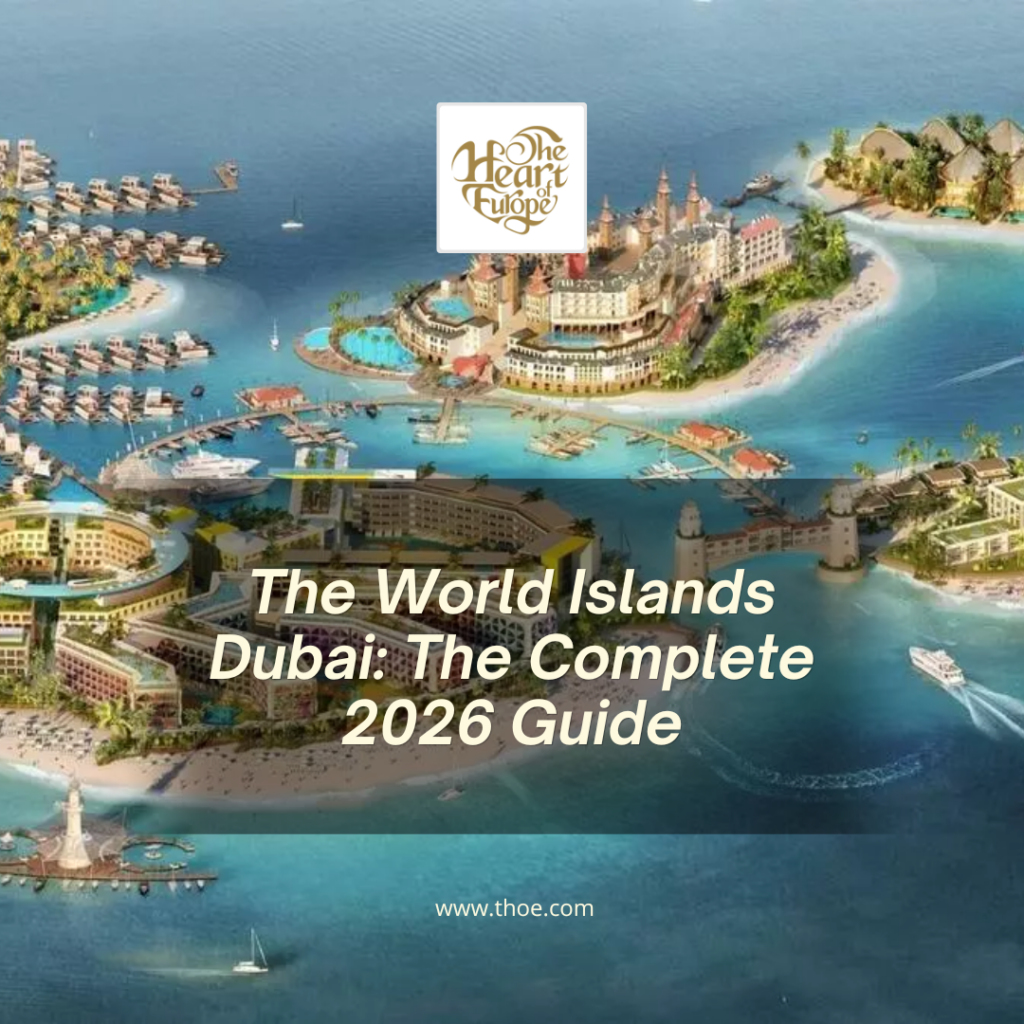Aerial view of The World Islands Dubai showing the 300-island archipelago shaped like a world map, located 4-6km off the Dubai coast in 2026